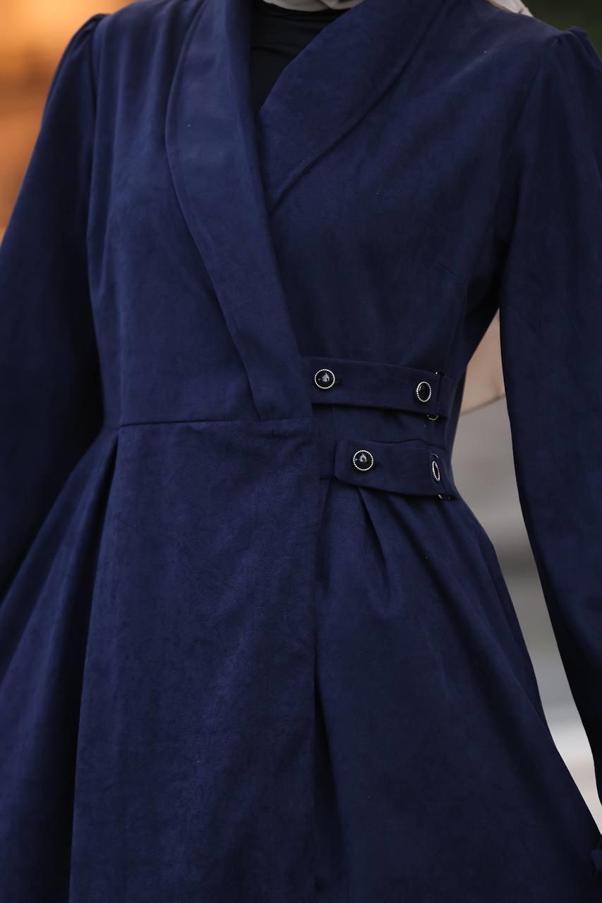 1625 Yandan Kemer Detaylı Elbise - Lacivert 