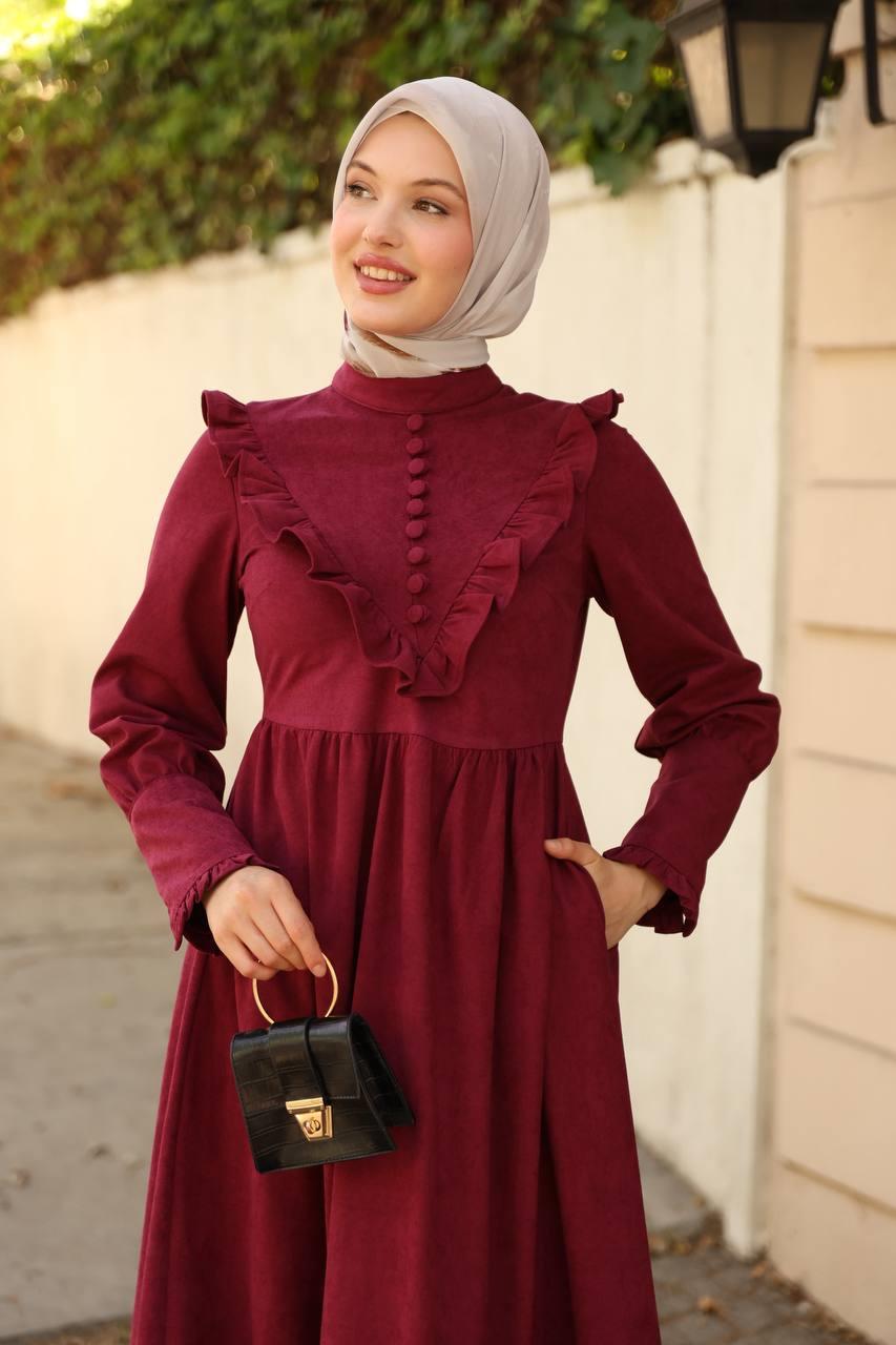 2240 Fırfırlı Düğmeli Elbise - Bordo