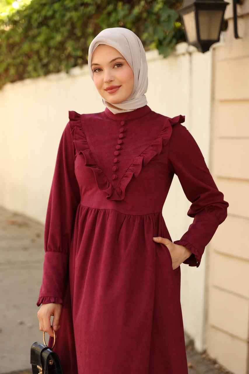 2240 Fırfırlı Düğmeli Elbise - Bordo
