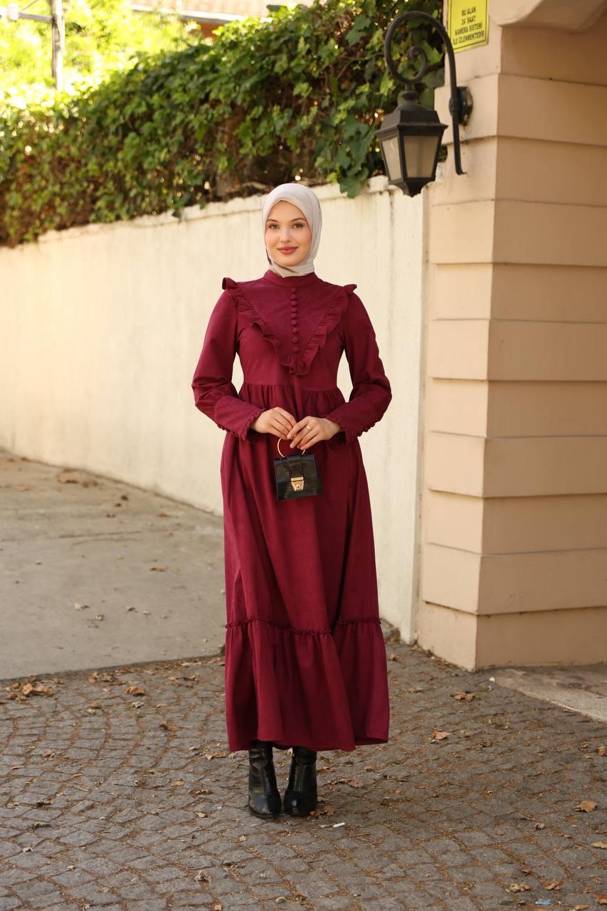 2240 Fırfırlı Düğmeli Elbise - Bordo