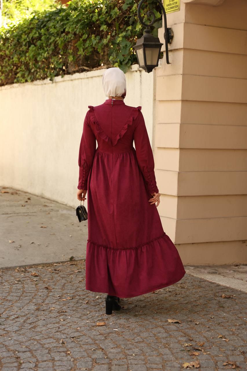 2240 Fırfırlı Düğmeli Elbise - Bordo