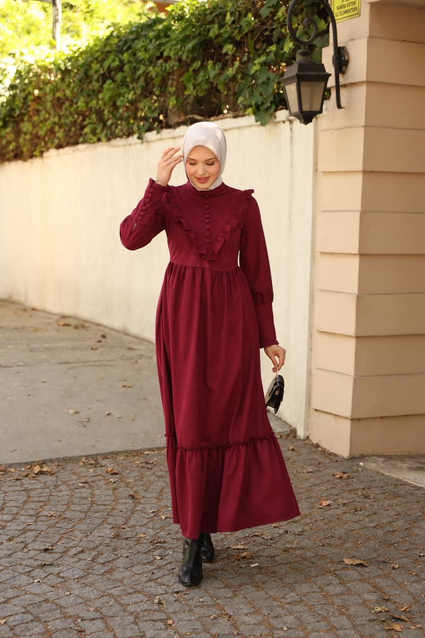 2240 Fırfırlı Düğmeli Elbise - Bordo