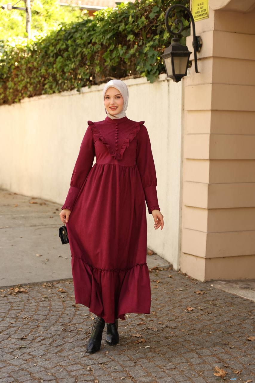 2240 Fırfırlı Düğmeli Elbise - Bordo