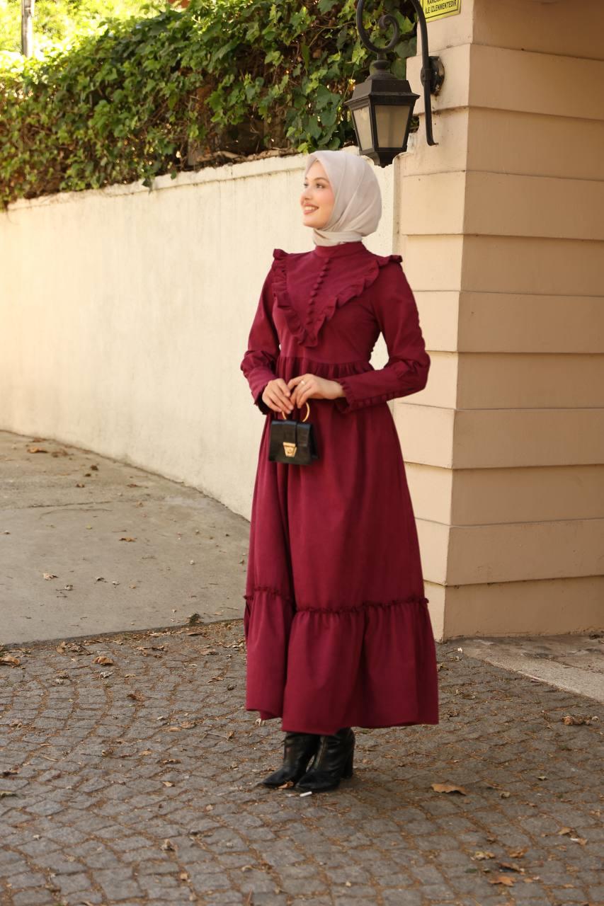 2240 Fırfırlı Düğmeli Elbise - Bordo