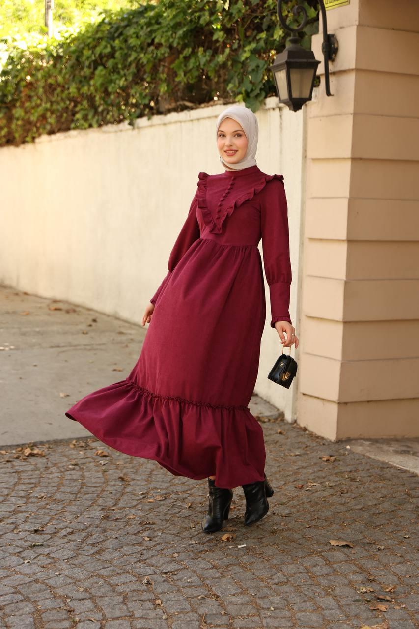 2240 Fırfırlı Düğmeli Elbise - Bordo