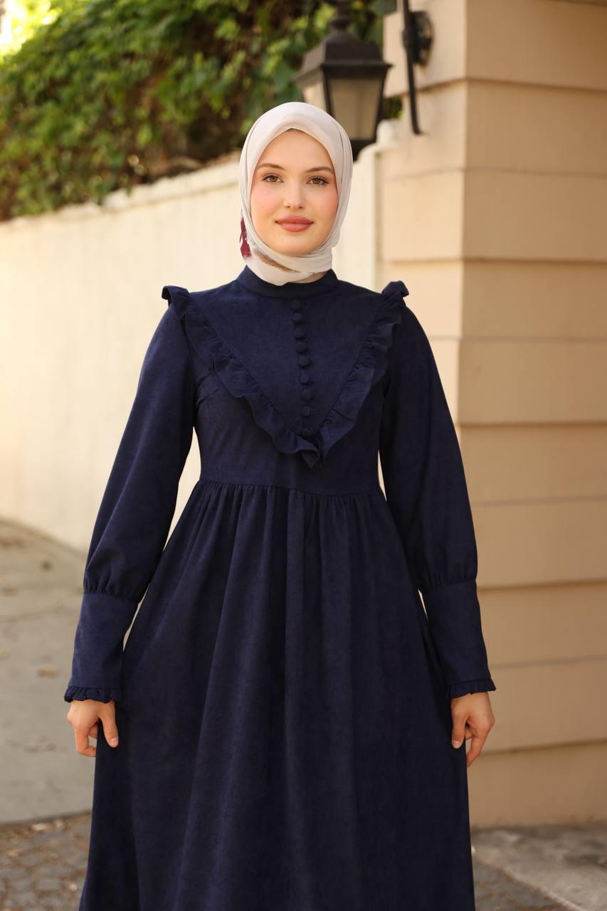 2240 Fırfırlı Düğmeli Elbise - Lacivert