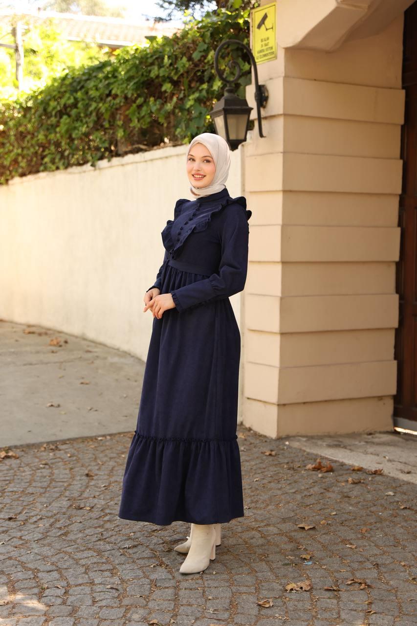 2240 Fırfırlı Düğmeli Elbise - Lacivert