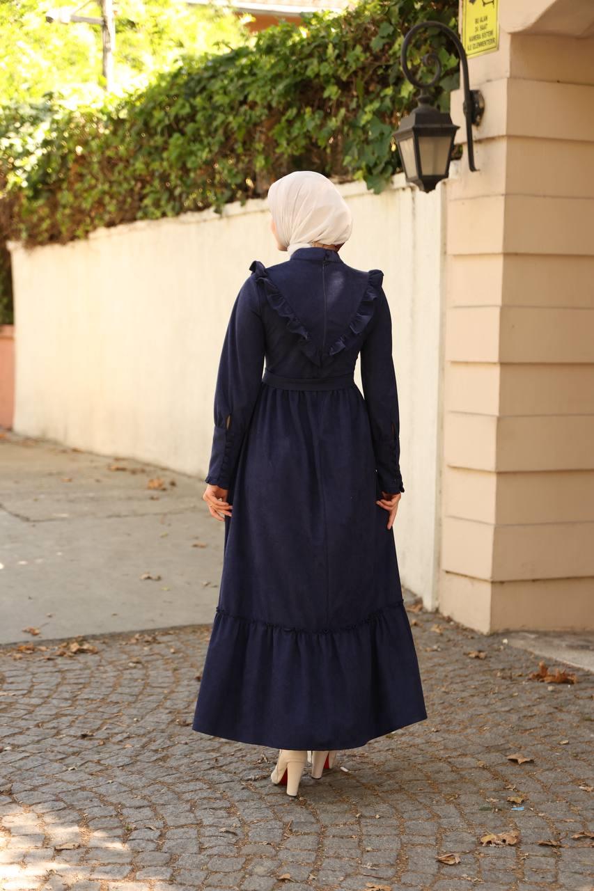 2240 Fırfırlı Düğmeli Elbise - Lacivert