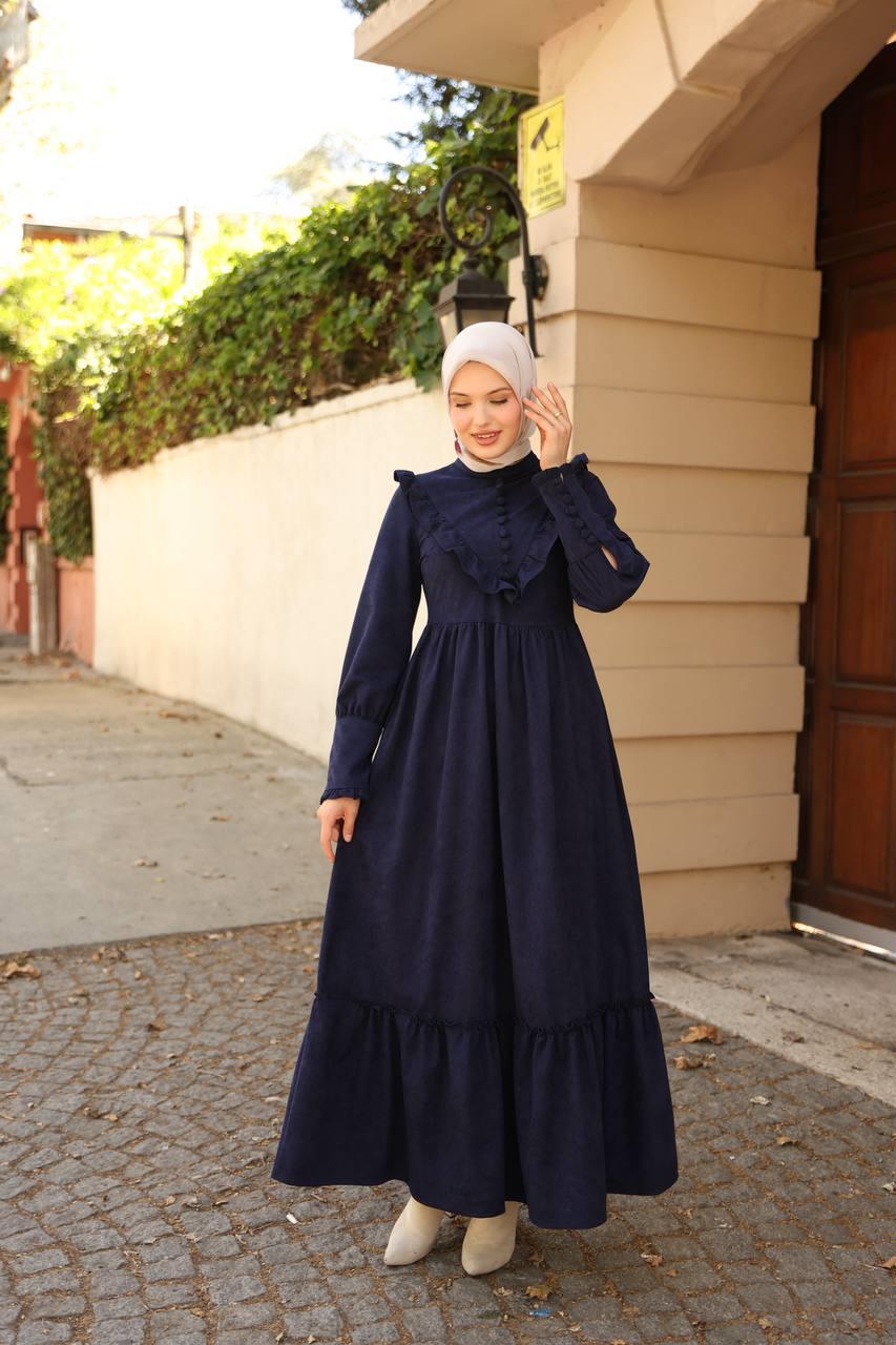 2240 Fırfırlı Düğmeli Elbise - Lacivert