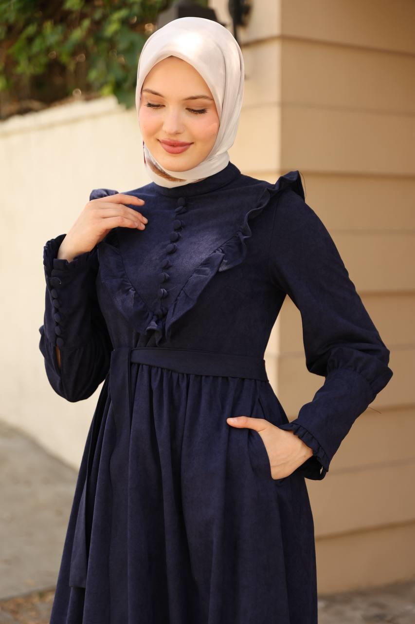 2240 Fırfırlı Düğmeli Elbise - Lacivert