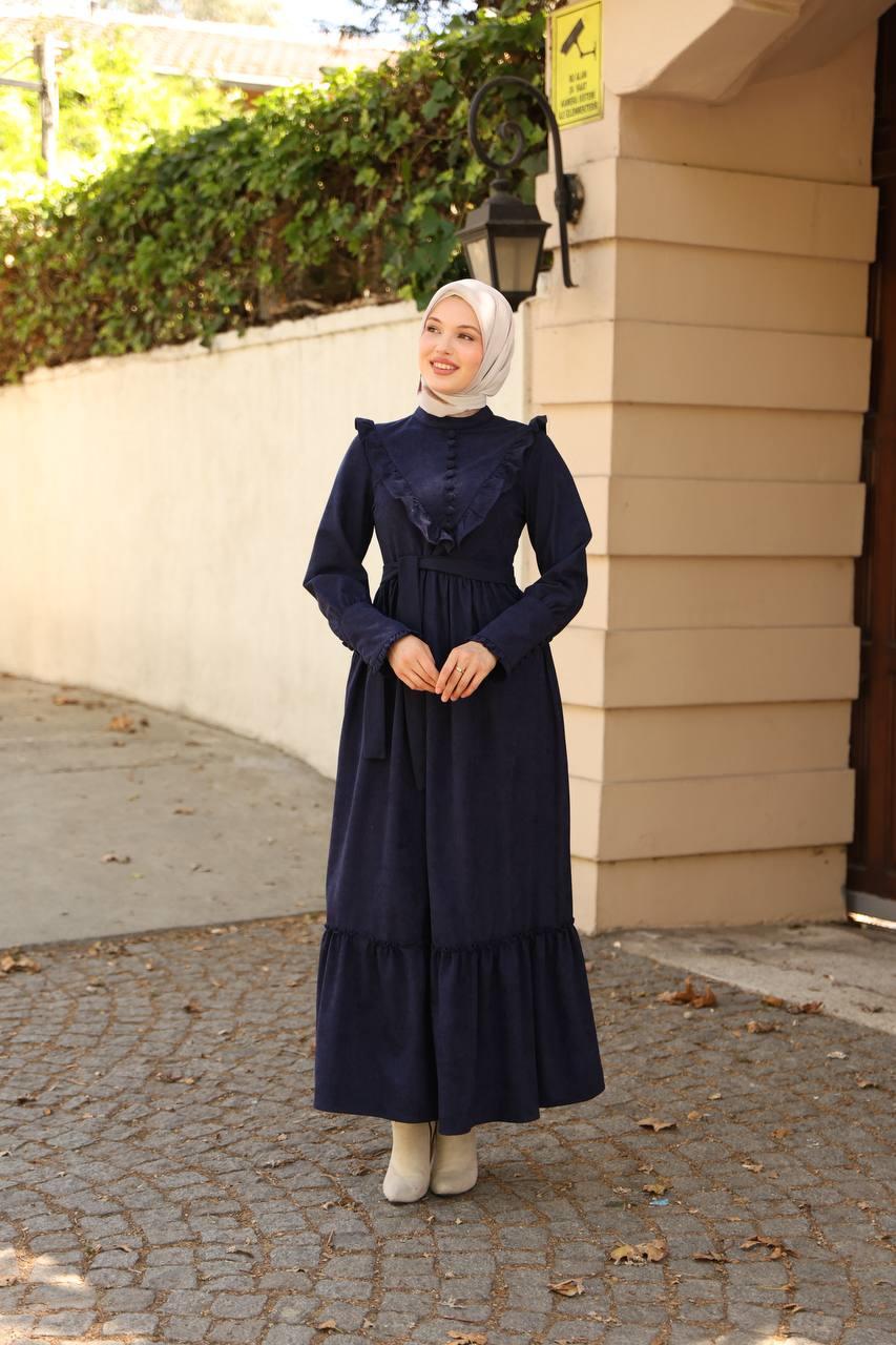 2240 Fırfırlı Düğmeli Elbise - Lacivert