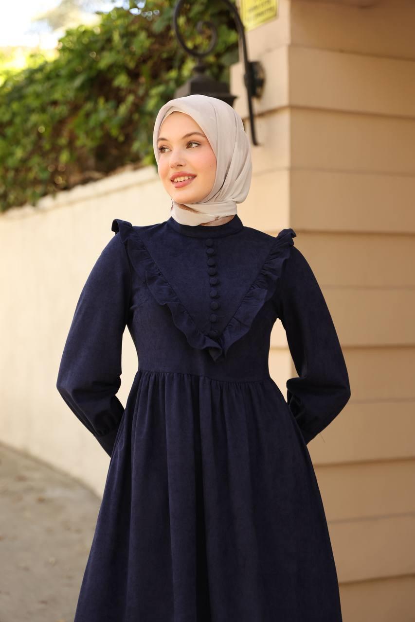 2240 Fırfırlı Düğmeli Elbise - Lacivert