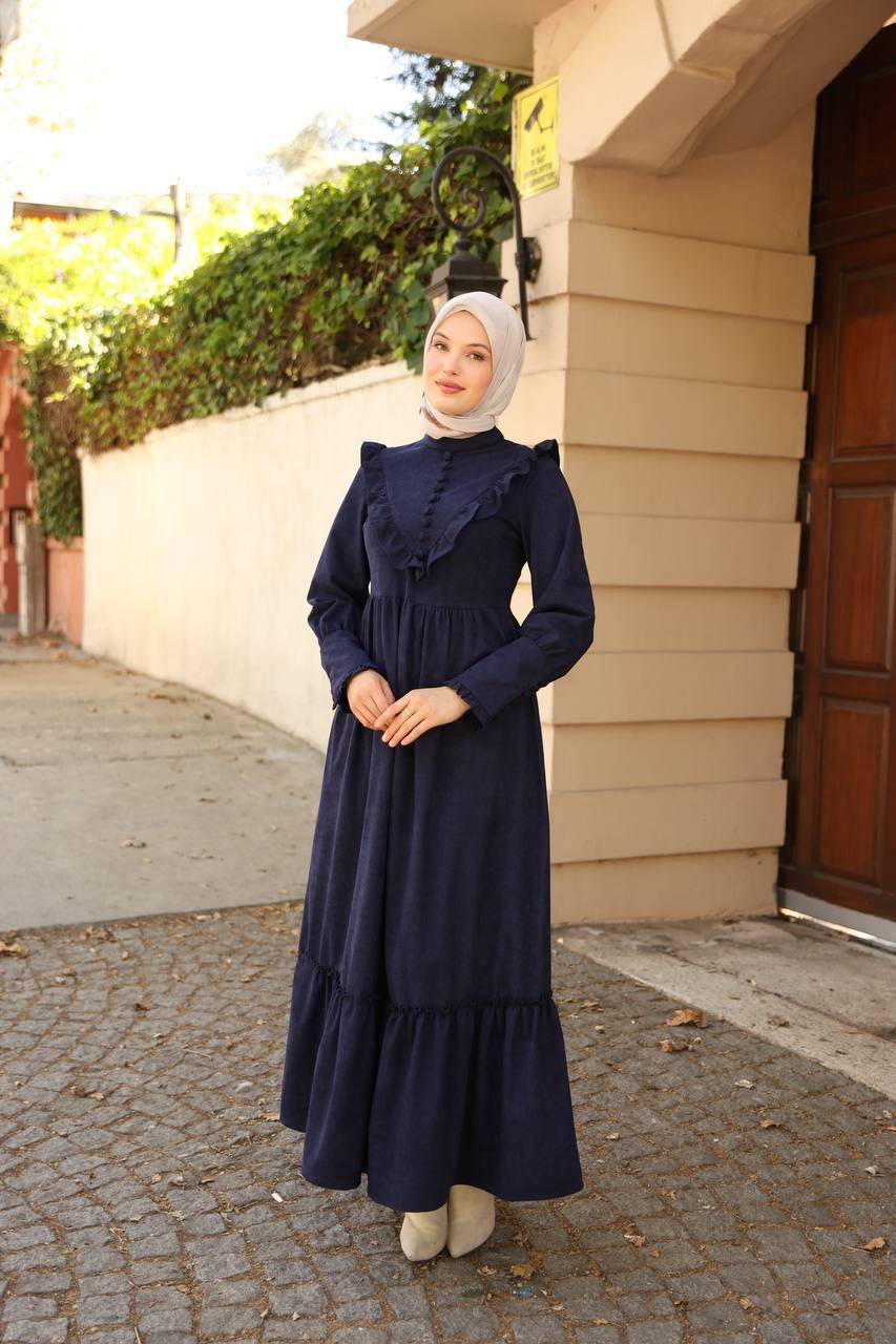 2240 Fırfırlı Düğmeli Elbise - Lacivert