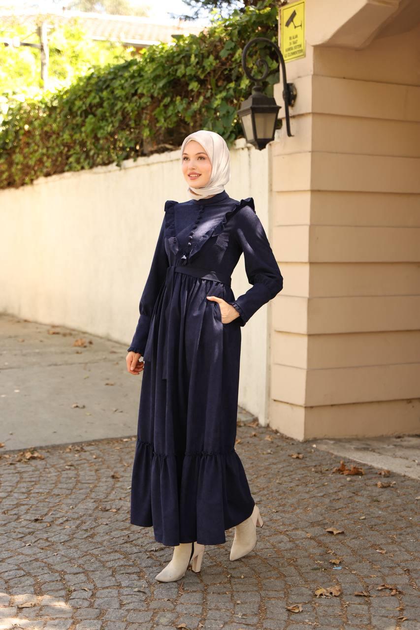 2240 Fırfırlı Düğmeli Elbise - Lacivert