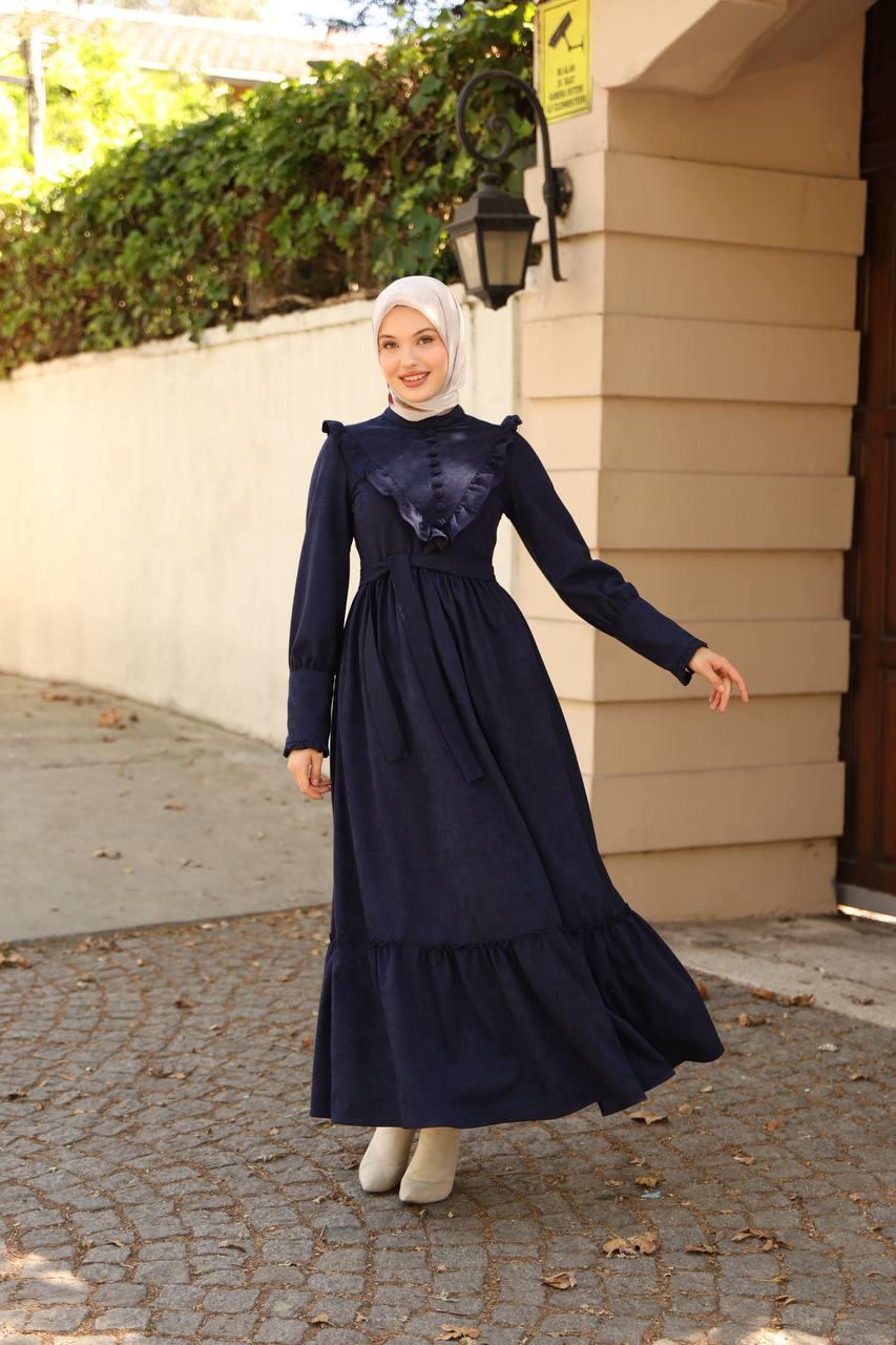 2240 Fırfırlı Düğmeli Elbise - Lacivert
