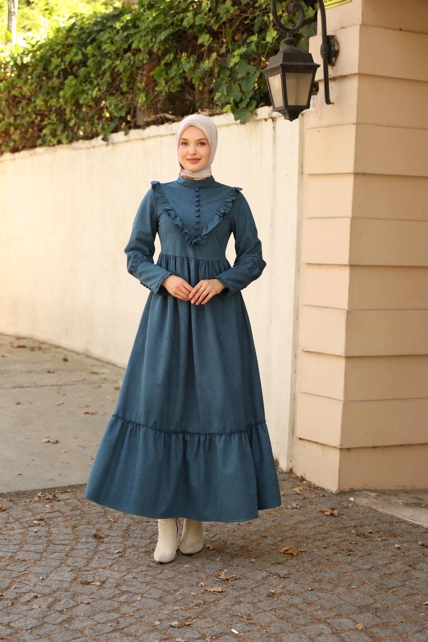 2240 Fırfırlı Düğmeli Elbise - Petrol