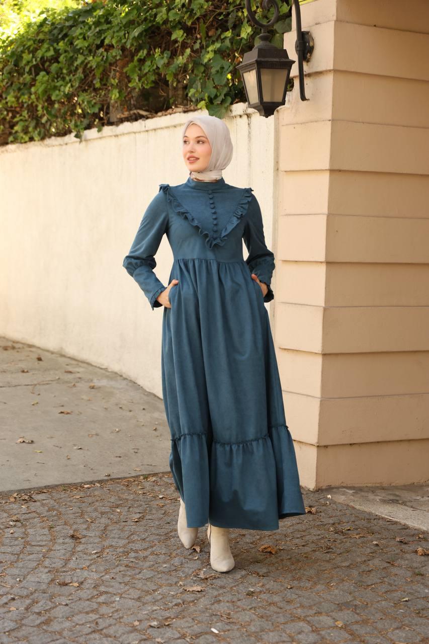 2240 Fırfırlı Düğmeli Elbise - Petrol