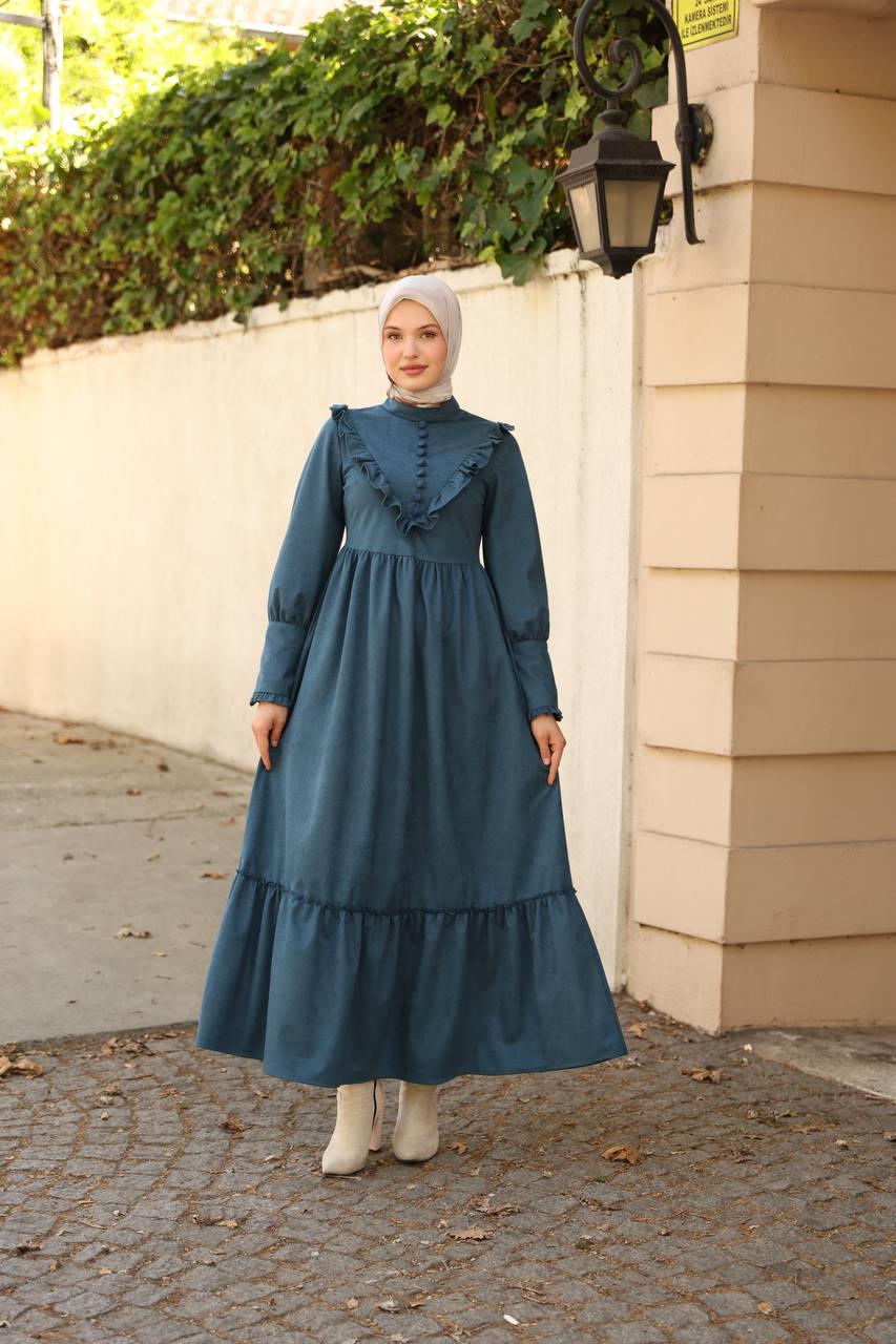 2240 Fırfırlı Düğmeli Elbise - Petrol