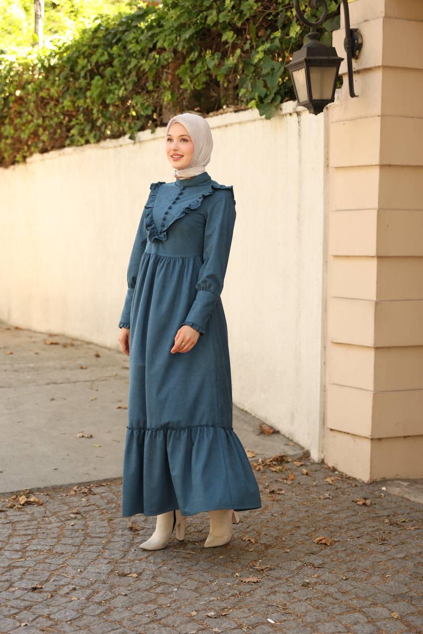 2240 Fırfırlı Düğmeli Elbise - Petrol