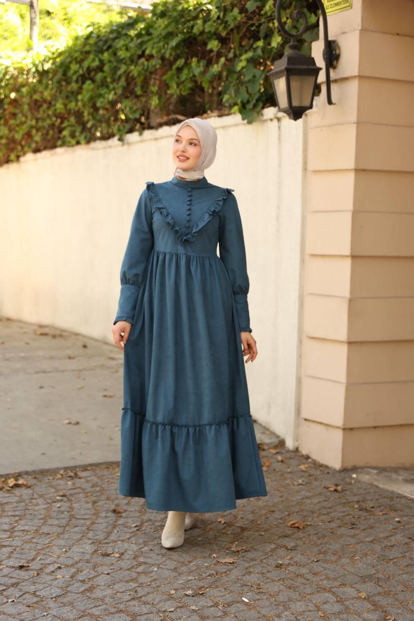 2240 Fırfırlı Düğmeli Elbise - Petrol