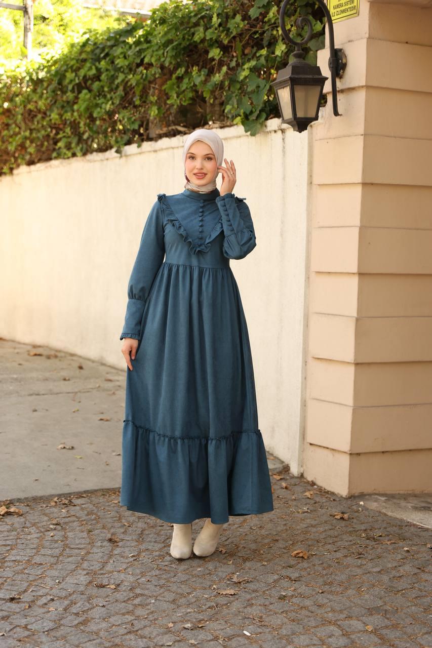 2240 Fırfırlı Düğmeli Elbise - Petrol