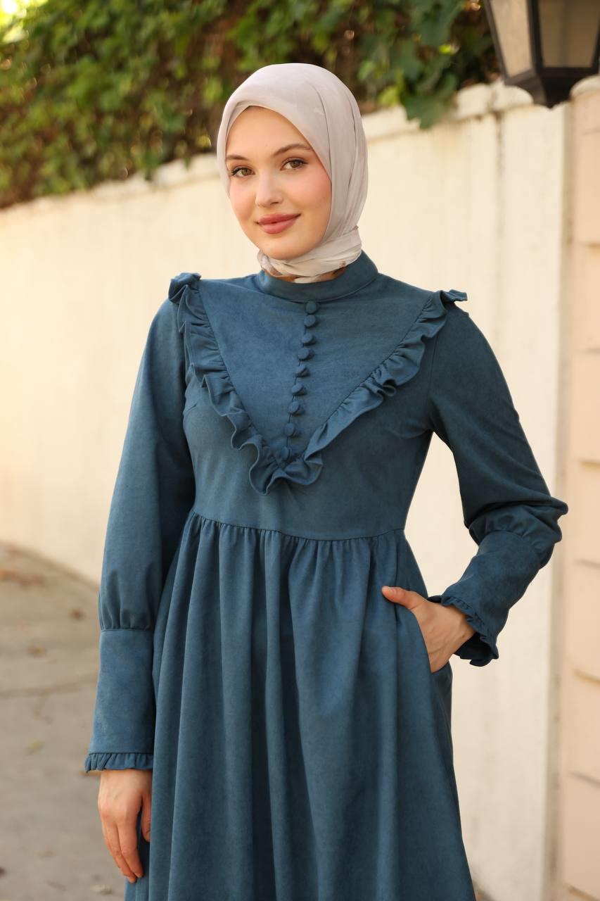 2240 Fırfırlı Düğmeli Elbise - Petrol