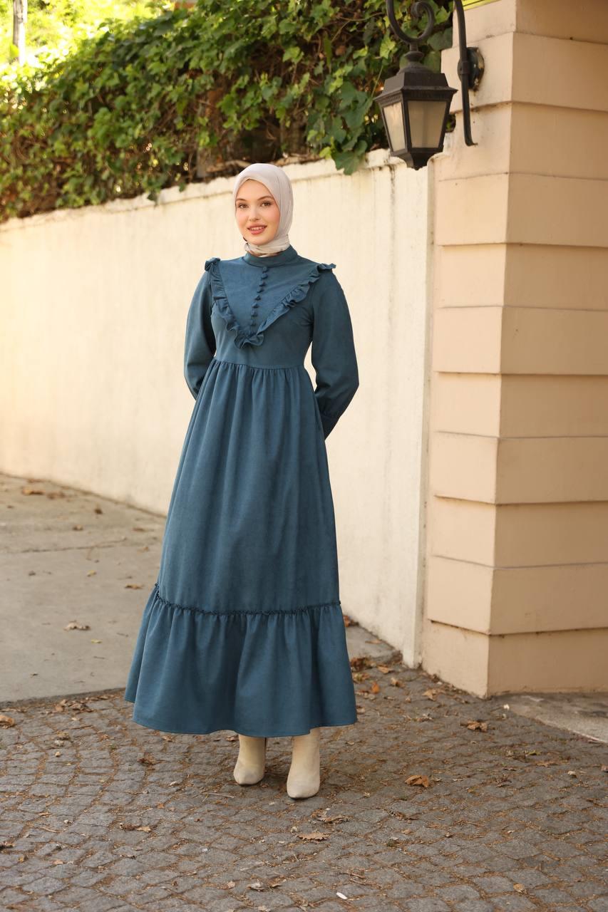 2240 Fırfırlı Düğmeli Elbise - Petrol