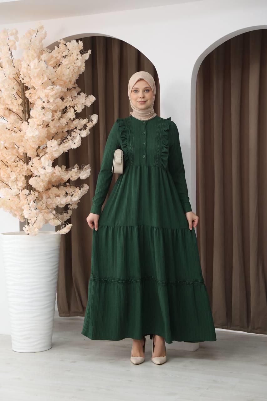 3033 Dantel Detaylı Fırfırlı Elbise- Çimen Yeşili