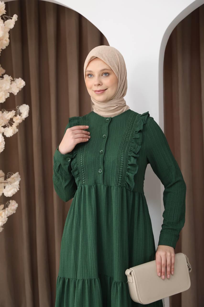 3033 Dantel Detaylı Fırfırlı Elbise- Çimen Yeşili