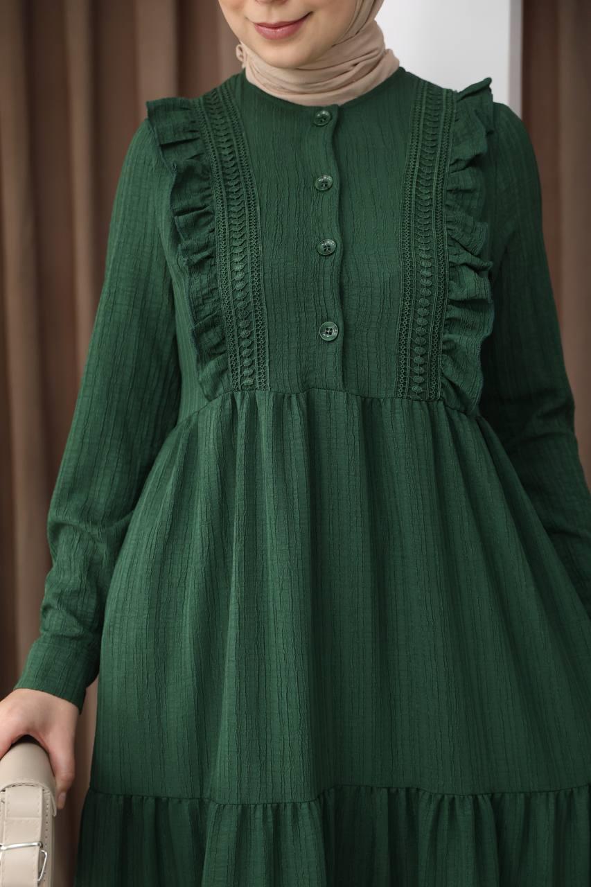 3033 Dantel Detaylı Fırfırlı Elbise- Çimen Yeşili