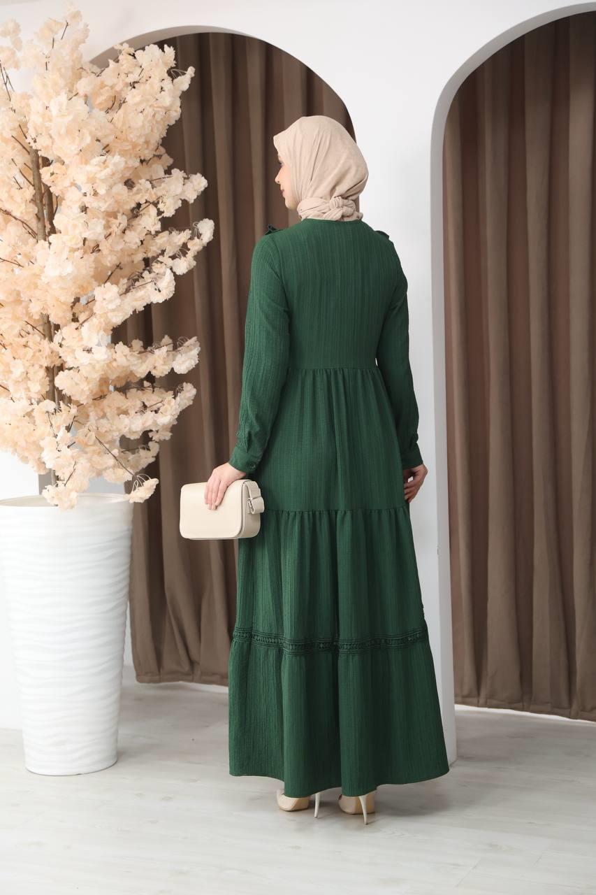 3033 Dantel Detaylı Fırfırlı Elbise- Çimen Yeşili