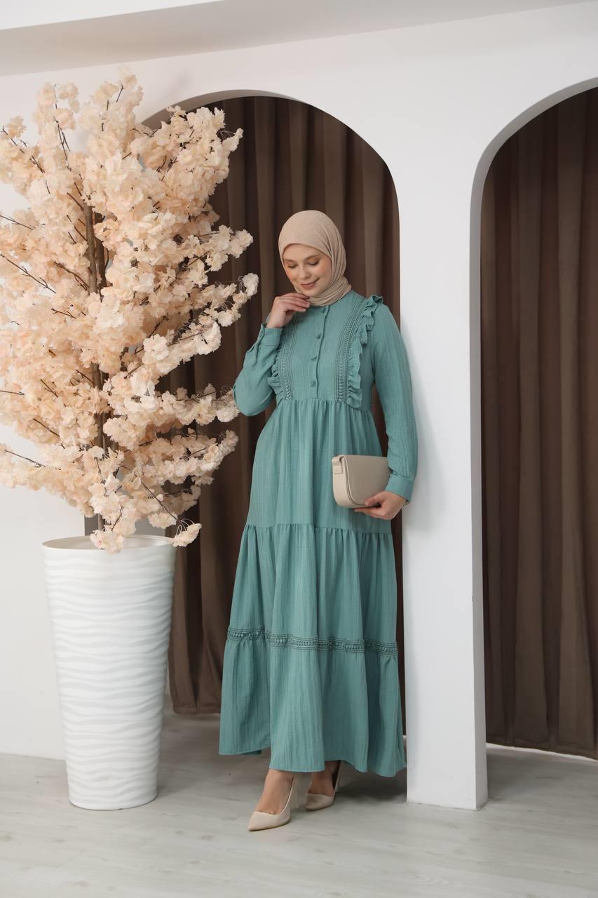 3033 Dantel Detaylı Fırfırlı Elbise- Mint