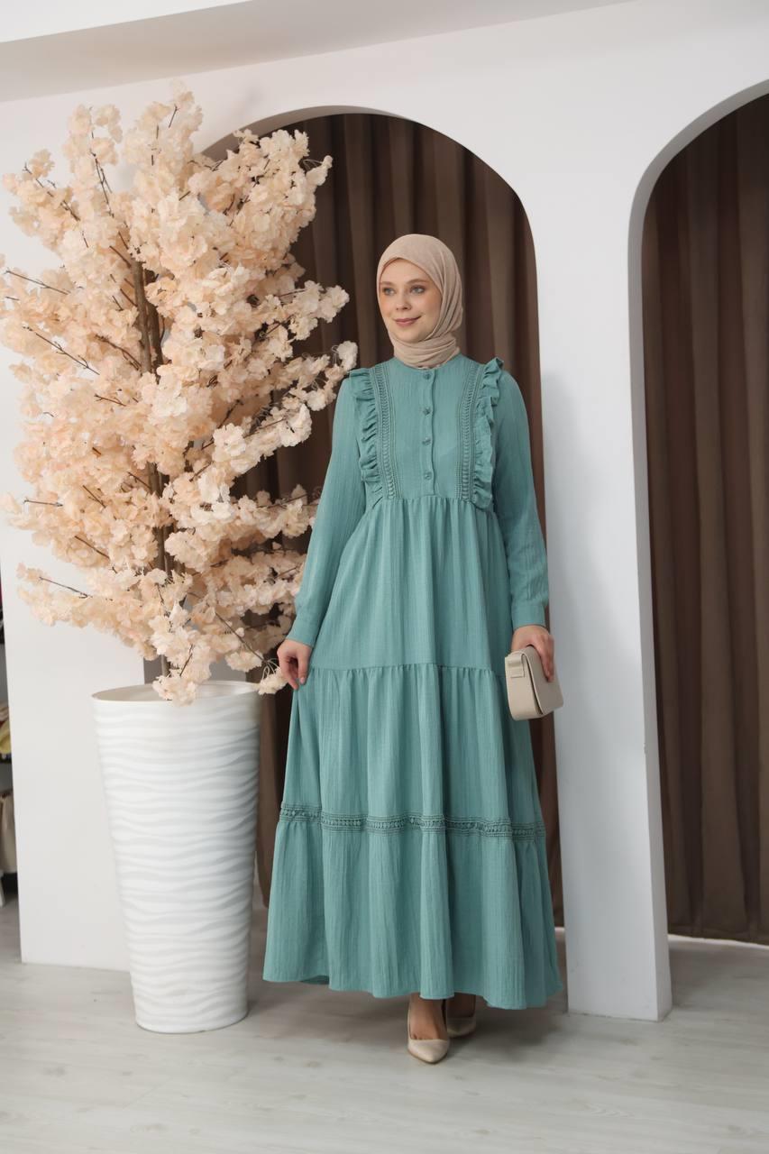 3033 Dantel Detaylı Fırfırlı Elbise- Mint