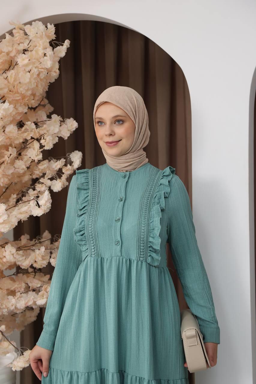 3033 Dantel Detaylı Fırfırlı Elbise- Mint
