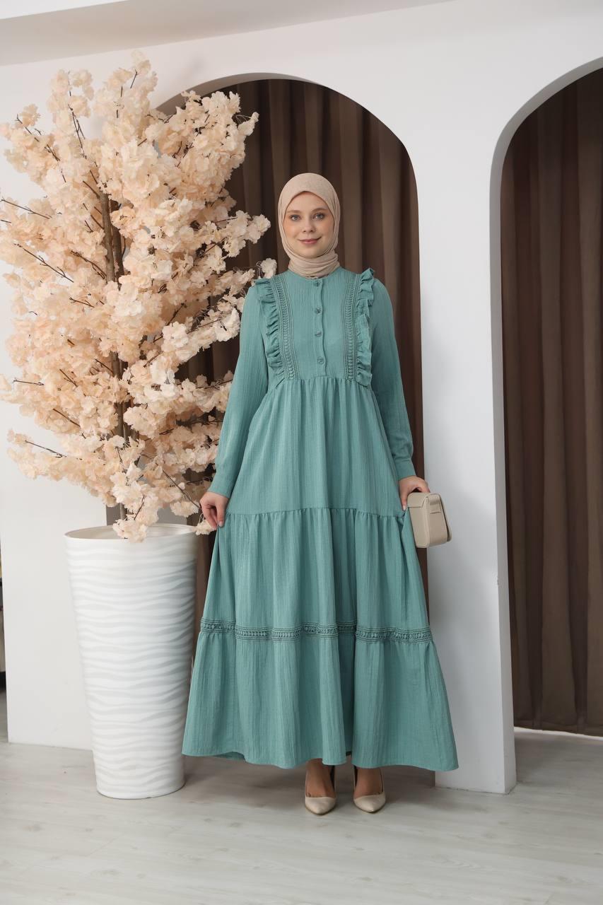 3033 Dantel Detaylı Fırfırlı Elbise- Mint