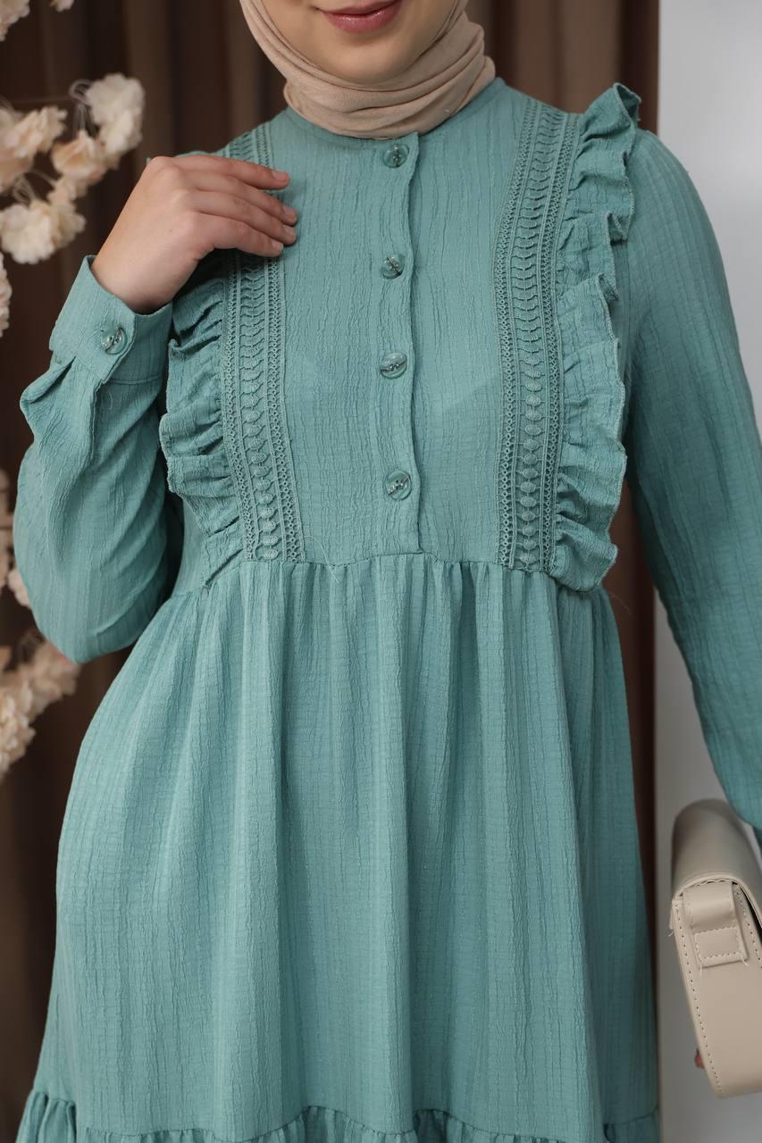 3033 Dantel Detaylı Fırfırlı Elbise- Mint