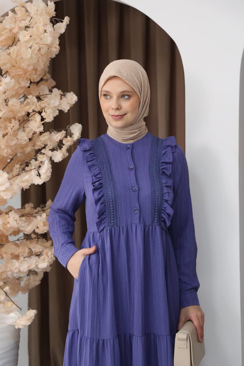 3033 Dantel Detaylı Fırfırlı Elbise- Mor