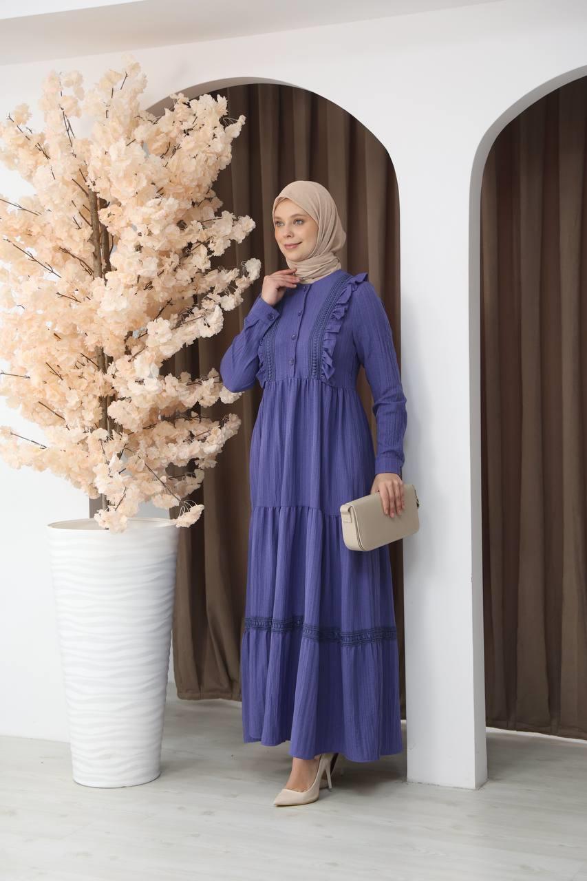 3033 Dantel Detaylı Fırfırlı Elbise- Mor