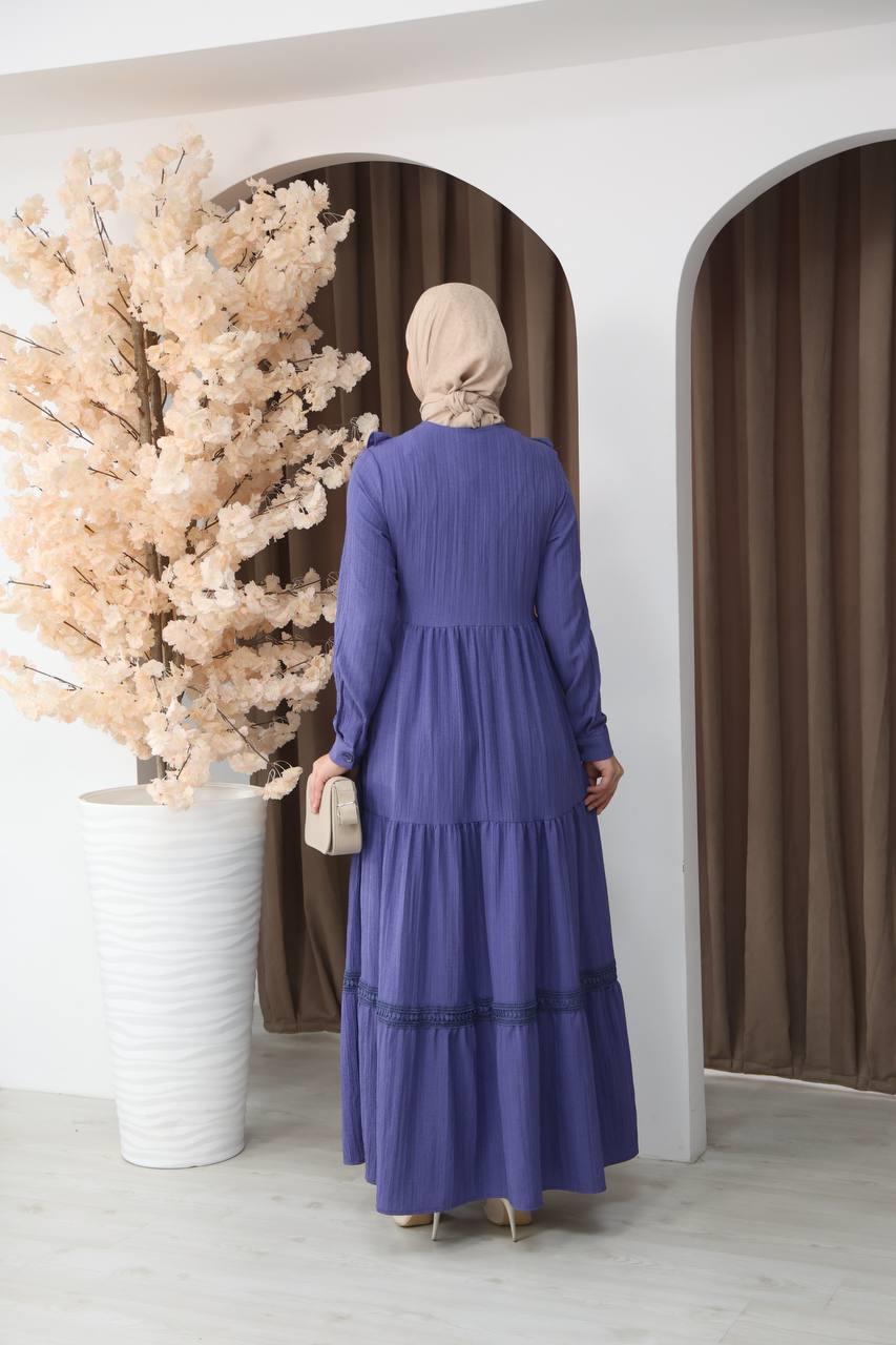 3033 Dantel Detaylı Fırfırlı Elbise- Mor