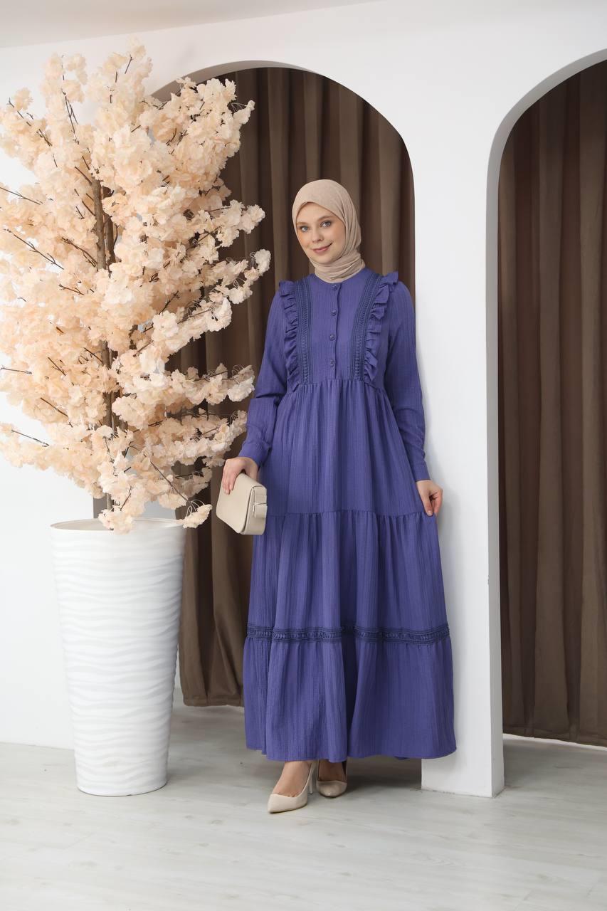 3033 Dantel Detaylı Fırfırlı Elbise- Mor