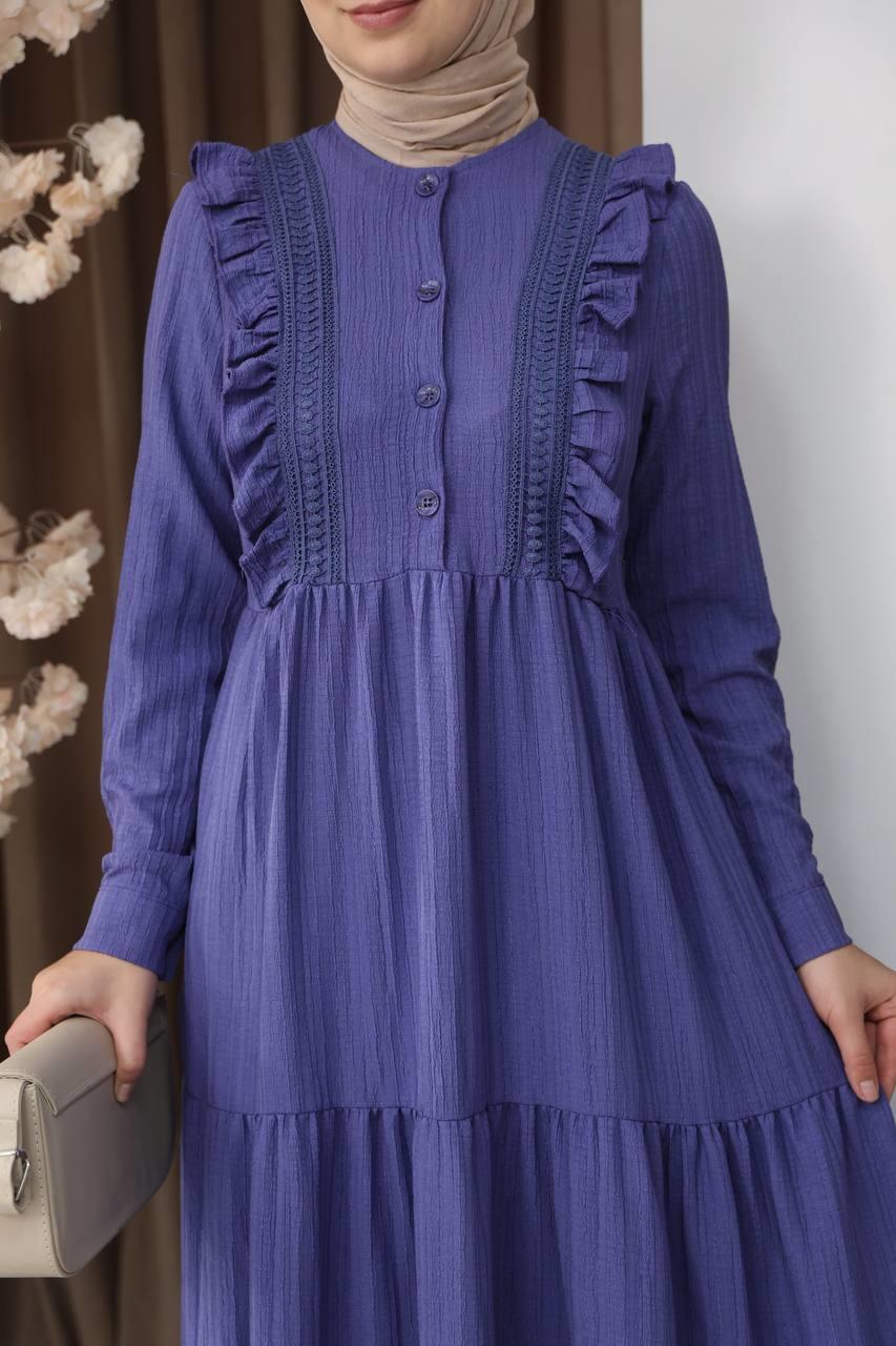 3033 Dantel Detaylı Fırfırlı Elbise- Mor
