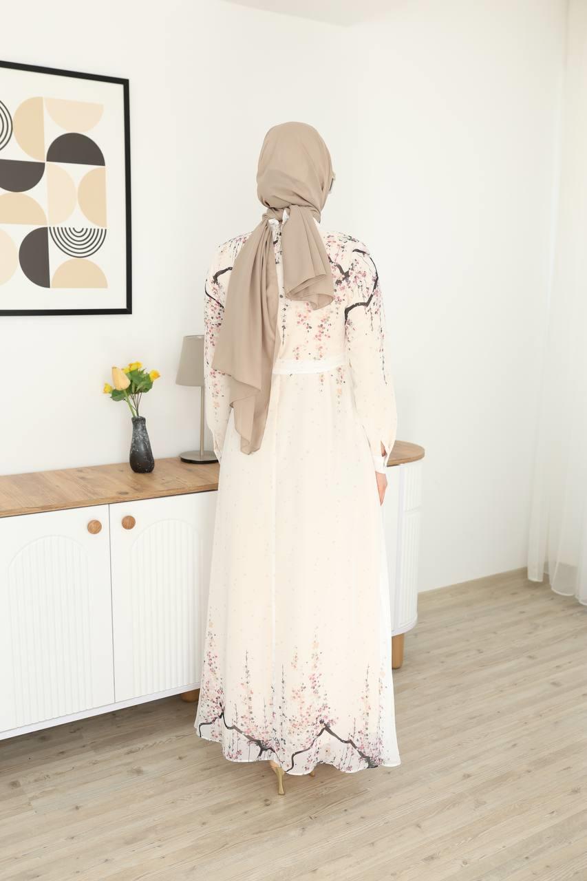 3041 Desenli Şifon Elbise - Beyaz