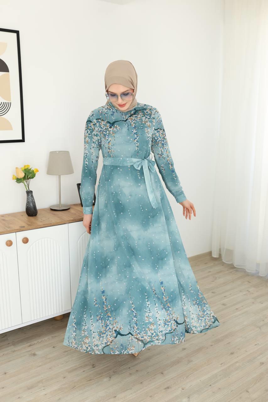 3041 Desenli Şifon Elbise - Buz Mavisi