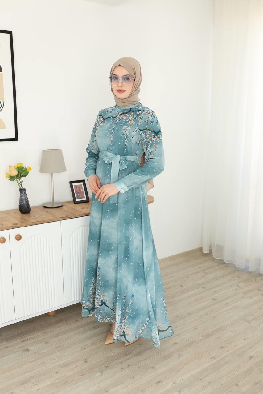 3041 Desenli Şifon Elbise - Buz Mavisi