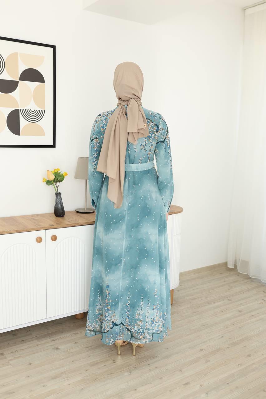 3041 Desenli Şifon Elbise - Buz Mavisi