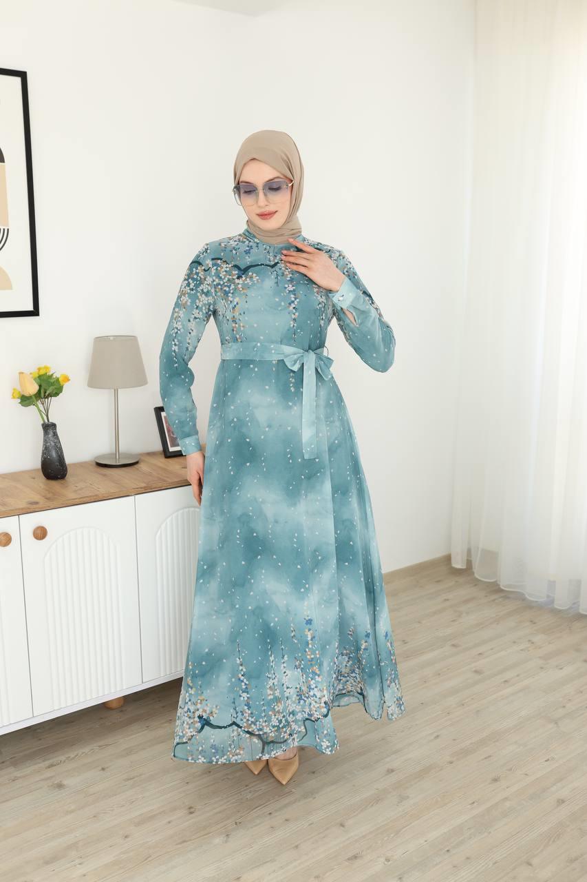 3041 Desenli Şifon Elbise - Buz Mavisi