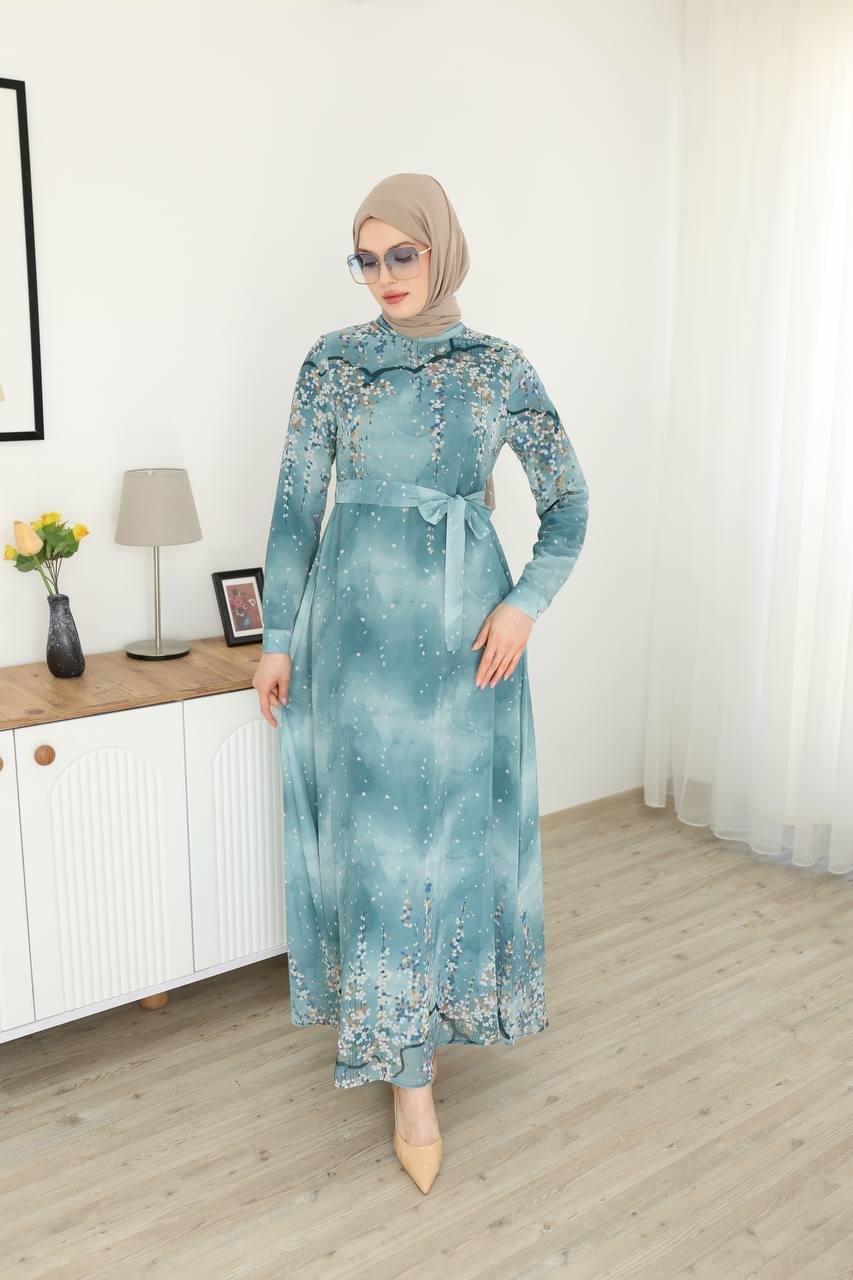 3041 Desenli Şifon Elbise - Buz Mavisi