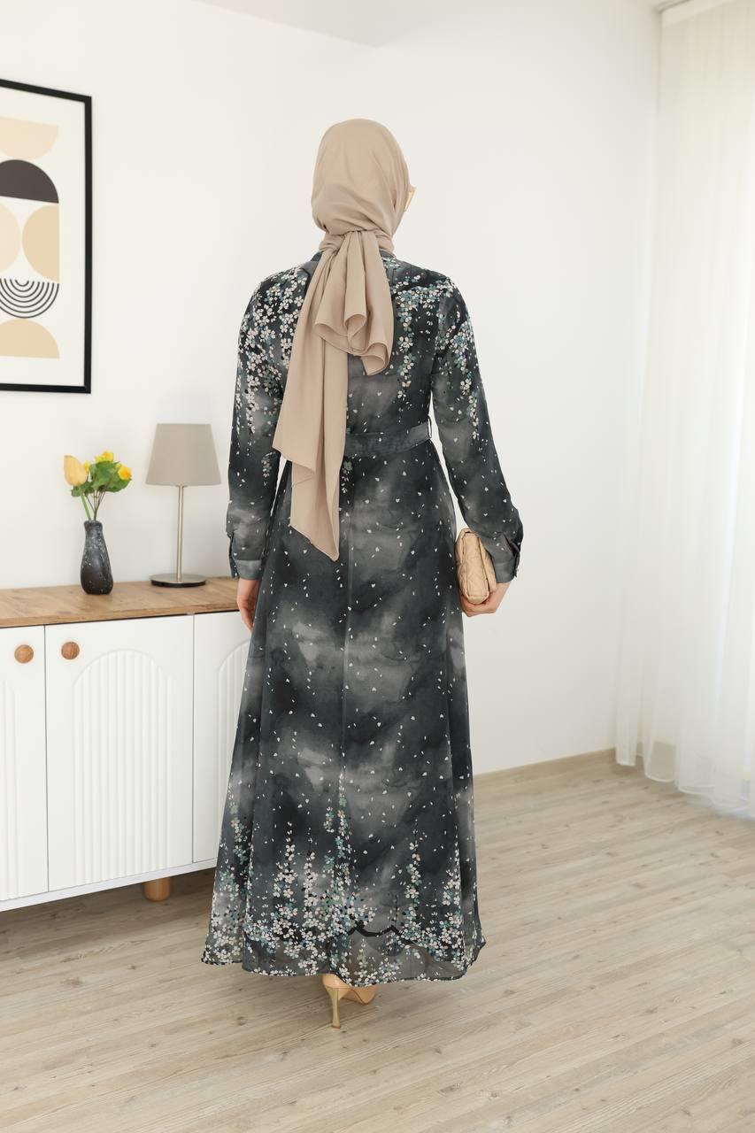 3041 Desenli Şifon Elbise - Siyah