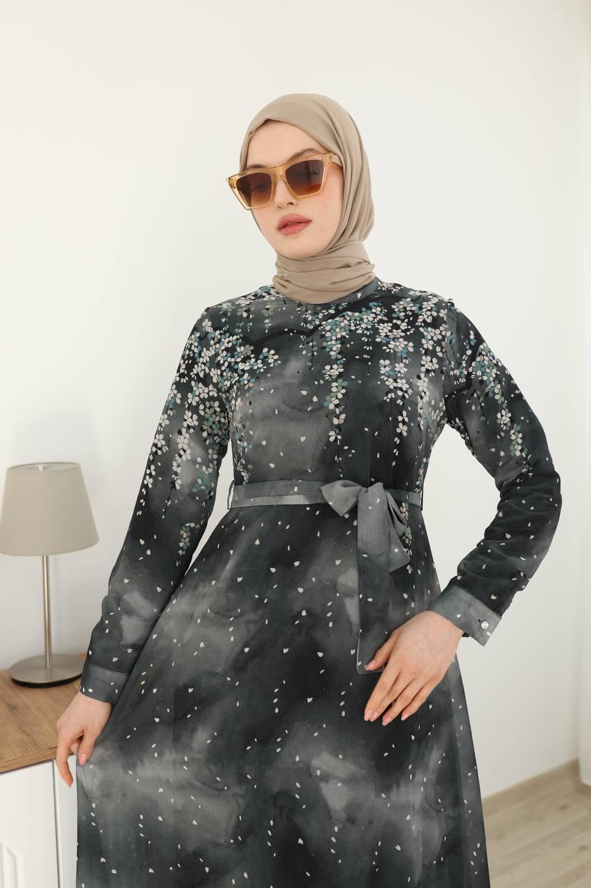 3041 Desenli Şifon Elbise - Siyah