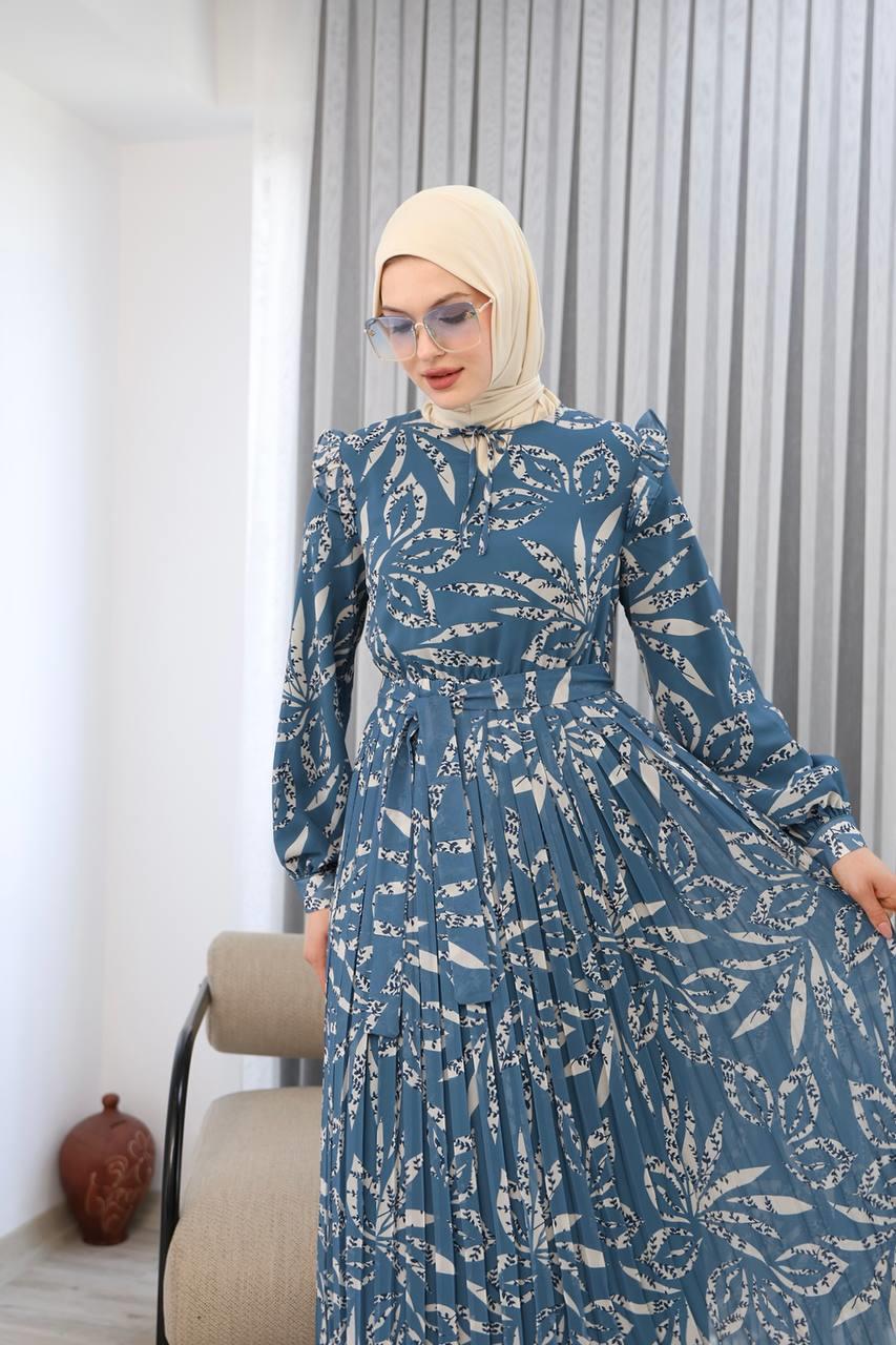 3060 Bilise Şifon Elbise - Mavi